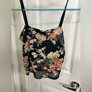Floral Black Slip Tank Top with Adjustable Straps